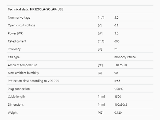 HR1200LA-SOLAR-USB | Solar panel - Micro USB | 3W